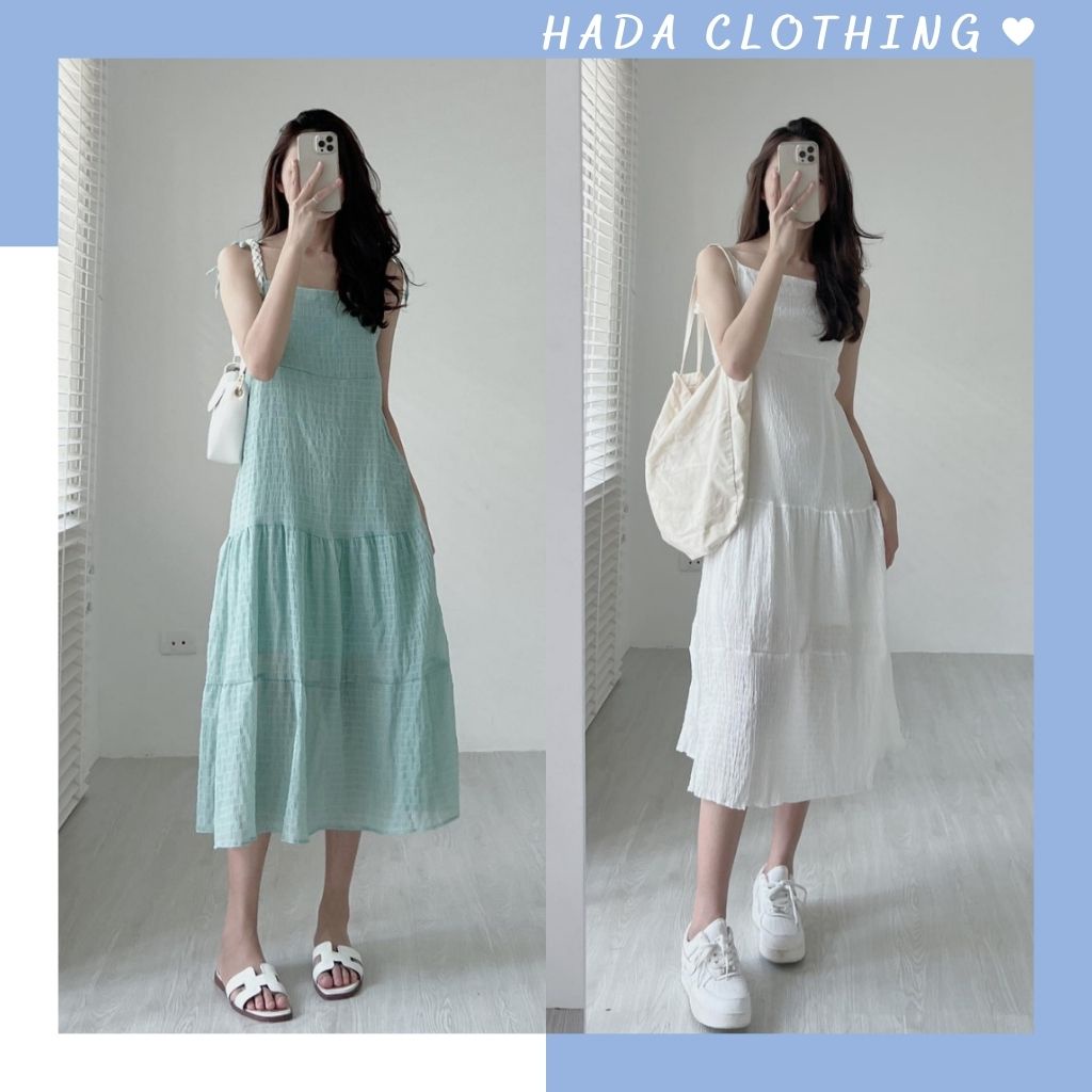 Váy đầm maxi 2 dây dáng dài nữ tính đi biển đi chơi màu xanh Hada, chất vải nhăn mềm mát V04