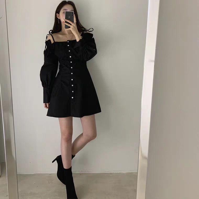 VÁY THIẾT KẾ TRỄ VAI DÀI TAY CÚC DỌC - ĐẦM TRẮNG ĐEN BẸT VAI CHUN BUỘC NƠ ULZZANG HOT | BigBuy360 - bigbuy360.vn