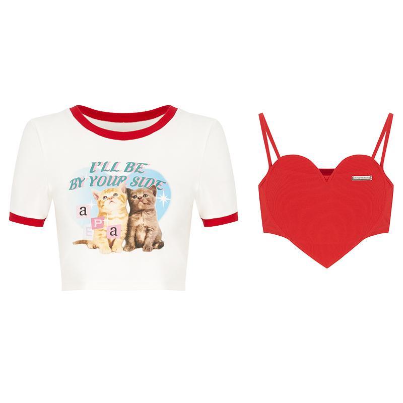 Set áo thun tay ngắn cổ tròn màu tương phản in hình mèo + áo dây hình trái tim phong cách hot girl mùa xuân có bán lẻ