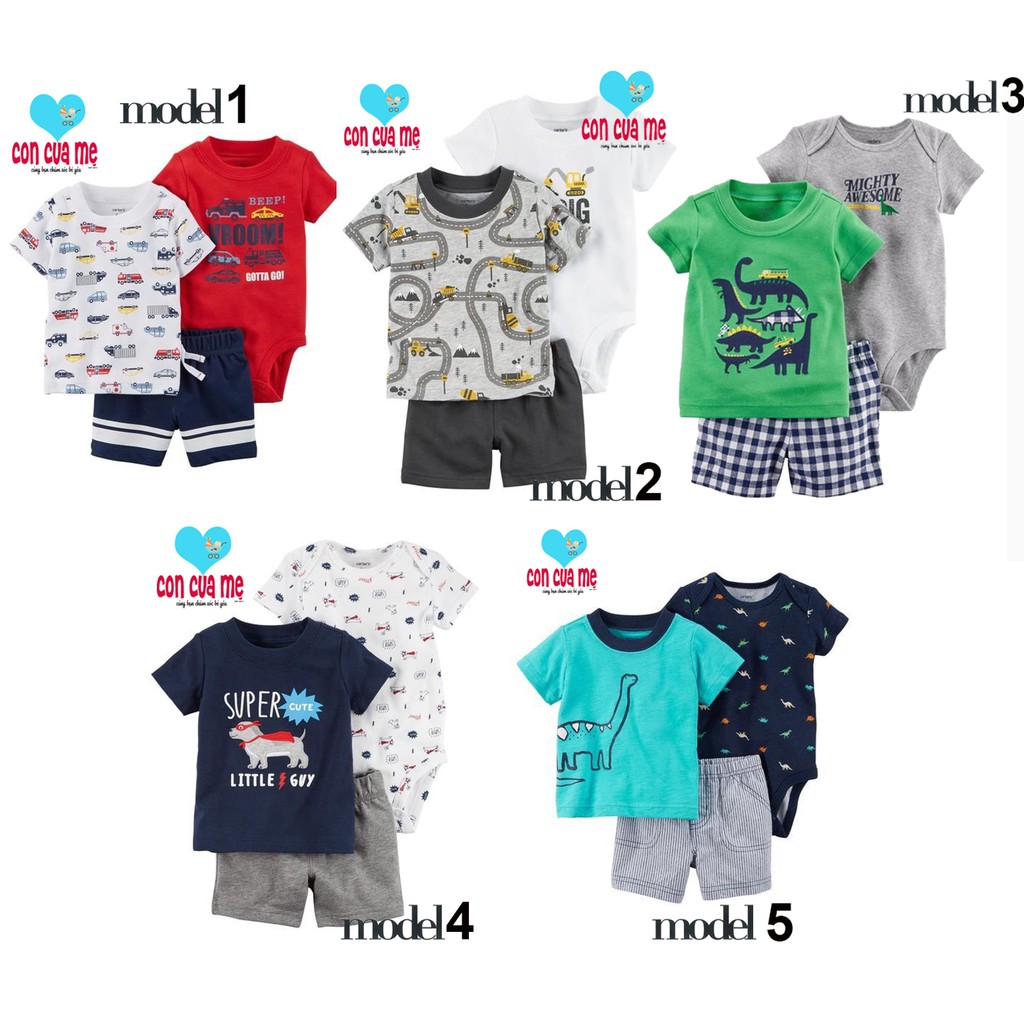 Set 3 món áo T-shirt + quần short + bodysuit Carter bé trai xuất xịn sz 6-24 tháng