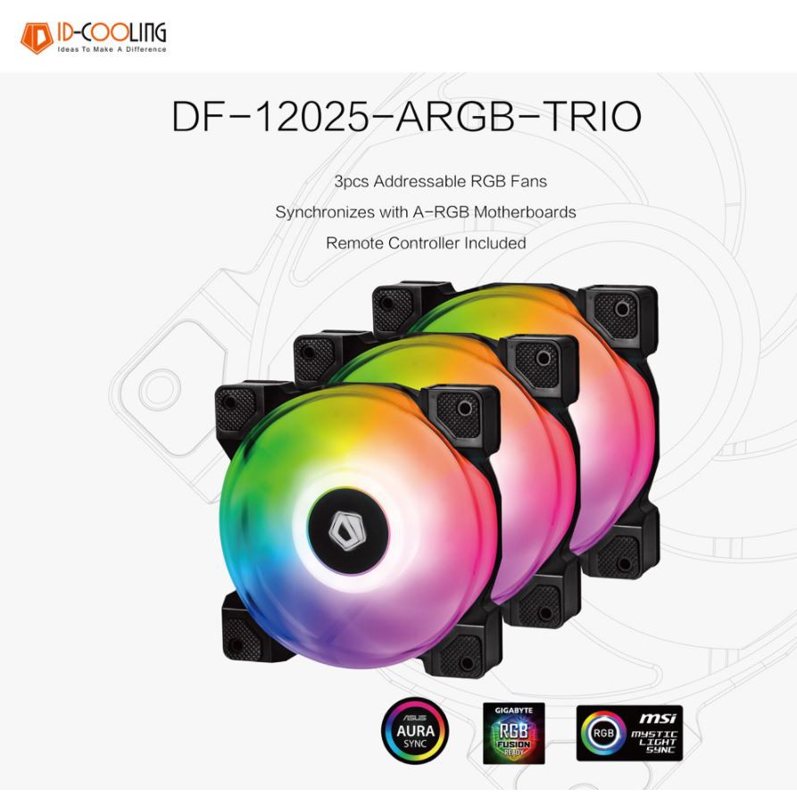 Quạt tản nhiệt máy tính để bàn PC FAN CASE ID-COOLING DF-12025-ARGB TRIO 3pcs Pack chính hãng