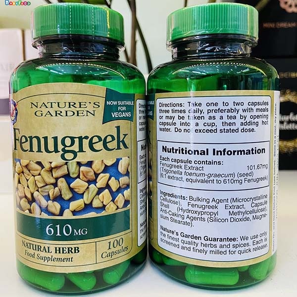 Viên uống lợi sữa cỏ cà ri Nature’s Garden Fenugreek chính hãng Anh hộp 100 viên 610mg - The Caring Cube