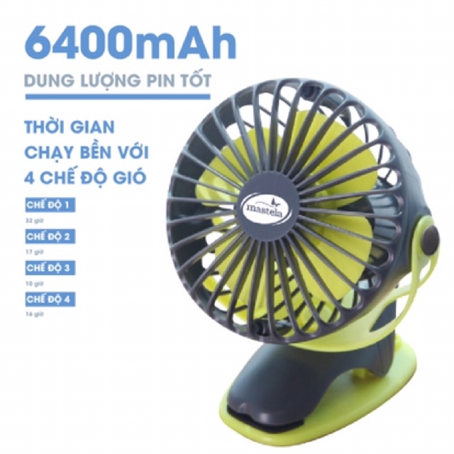 Quạt sạc điện mini MASTELA sử dụng được 32H, thiết kế cầm tay, kẹp xe đẩy, để trong xe ô tô, để bàn học, bàn làm việc