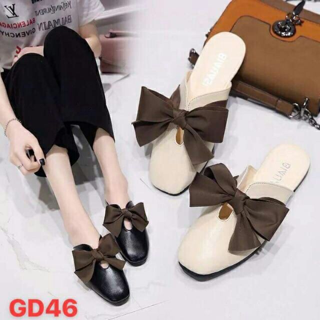 Giày nữ hở gót I Sục da lì mũi vuông nơ to cực bền đẹp Hàng Quảng Châu loại 1 xịn xò | BigBuy360 - bigbuy360.vn