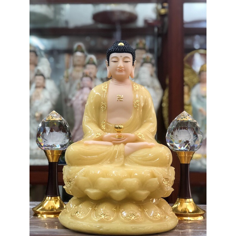 Tượng đức Phật A Di Đà cao cấp bằng đá, kết ấn thiền định, tay cầm đài sen vàng !!!