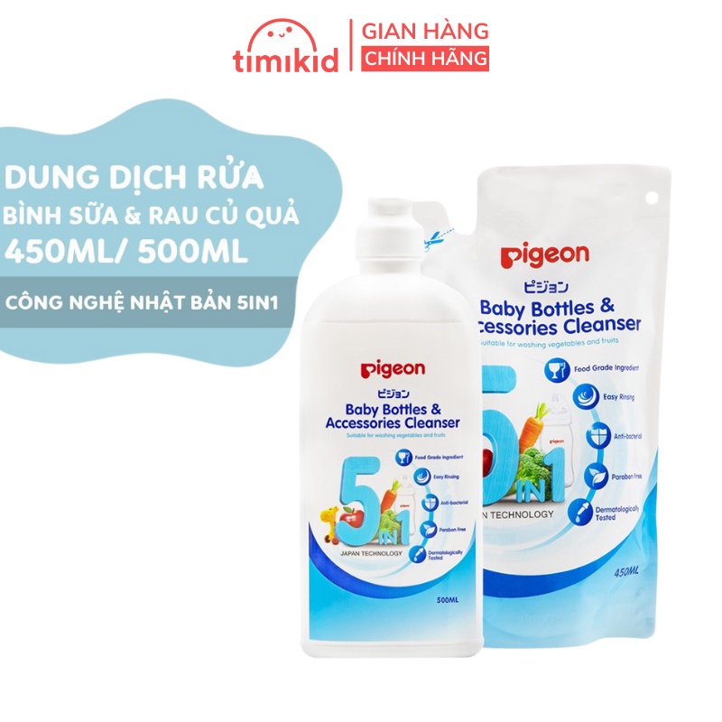 Nước rửa bình sữa và rau củ quả Pigeon eco 5 trong 1 chai 500ml / Túi 450ml