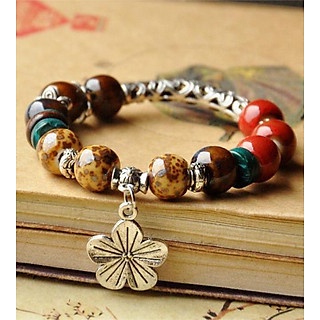 Vòng tay gốm charm hoa 5 cánh Vintage