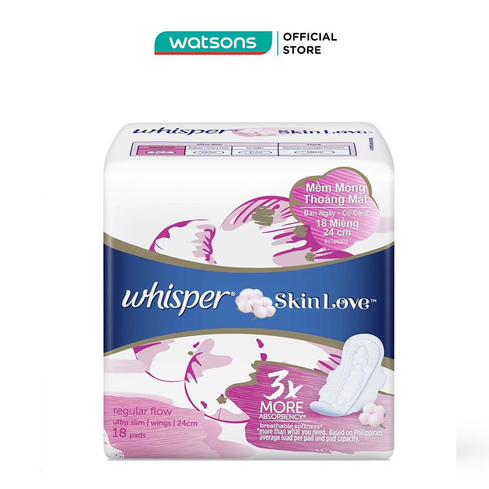 Băng Vệ Sinh Whisper Skinlove Regular Flow Ultra Slim Wings Yêu Làn Da Siêu Mỏng Ngày 24cm 18 Miếng