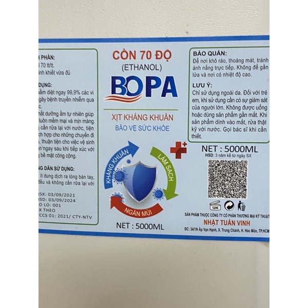 Cồn y tế Bopa can 5L