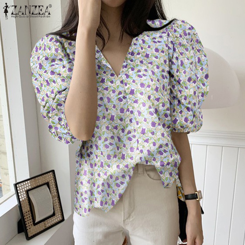 Áo kiểu ZANZEA tay lửng cổ chữ V in họa tiết hoa phong cách Hàn Quốc thời trang dành cho nữ