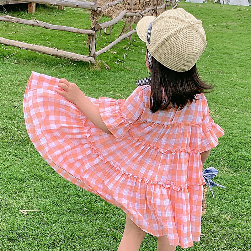 Đầm búp bê tay ngắn dáng chữ a kẻ sọc ca rô thời trang mùa hè cho bé gái