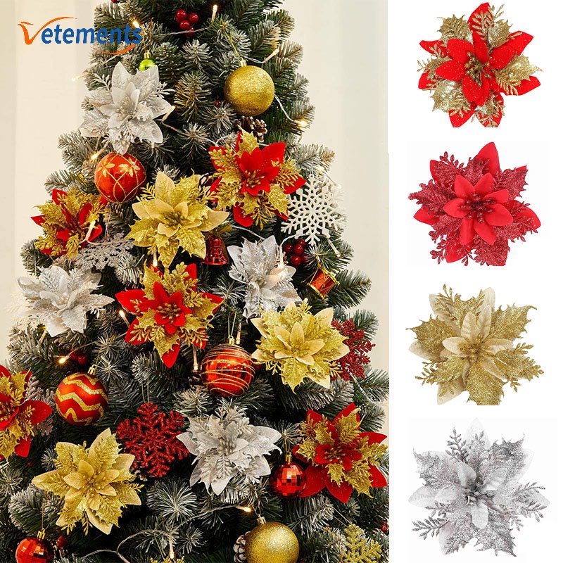 Bộ 5 Bông Hoa / Cây Thông Giáng Sinh Giả Bằng Lụa Màu Vàng Kim Trang Trí Bàn Làm Việc