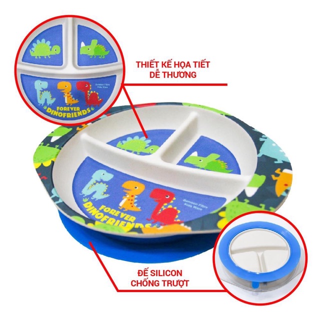 Khay ăn chia ngăn cho bé bamboo khay ăn chống lật đế Silicon bé ăn dặm BLW - Royalcare