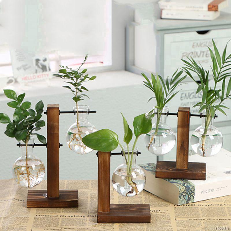 Lọ hoa thủy tinh có giá đỡ bằng gỗ phong cách đơn giản sáng tạo dành cho trang trí