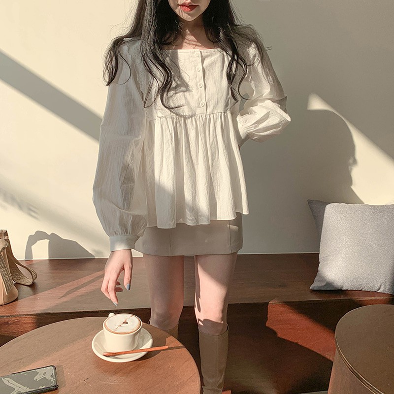 order_áo babydoll trắng dài tay cổ vuông, ảnh thật ở cuối