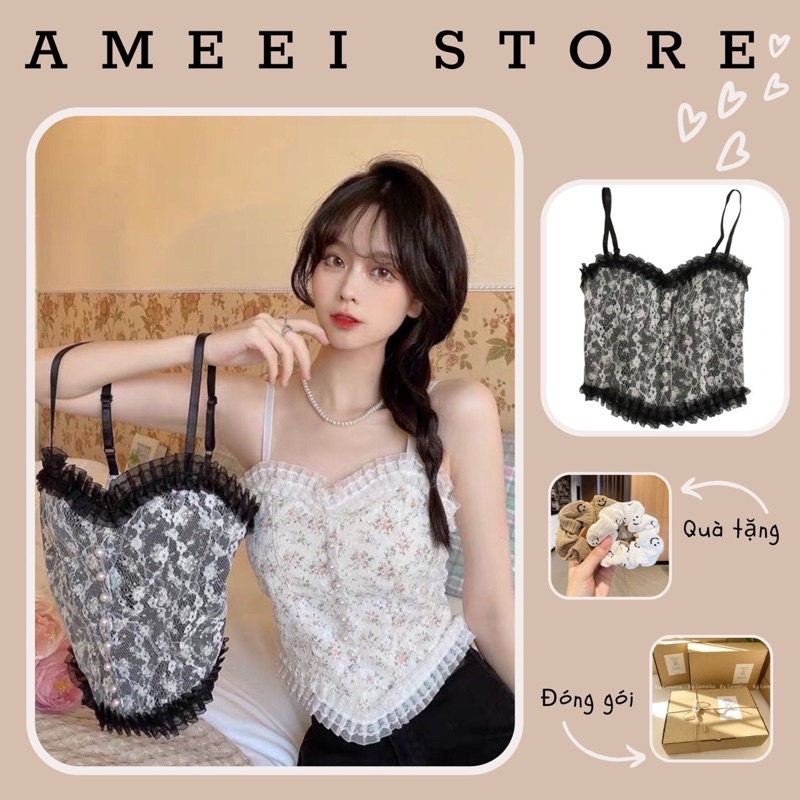 Áo bra ren cao cấp chun sau hoa nhí đính khuy,croptop 2 giây Tiểu thư