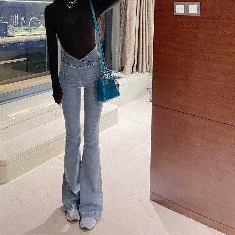 Quần Denim Ống Loe Lưng Cao Co Giãn Không Khóa Kéo Toàn Diện Hợp Thời Trang Cho Nữ