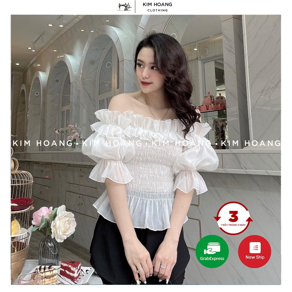 Áo croptop ôm, áo croptop tay ngắn bánh bèo sexy kiểu tay bồng bèo nhún Mophus MA005