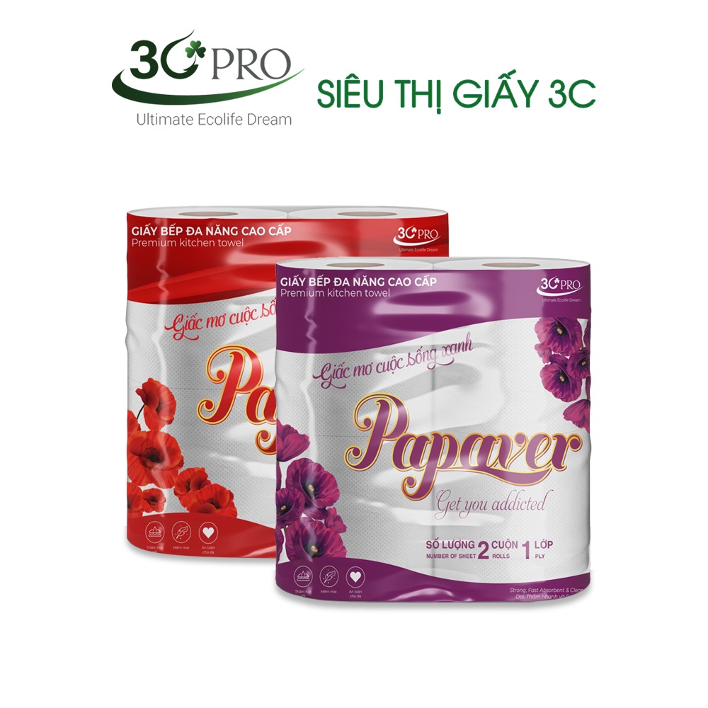 Khăn giấy Bếp cao cấp Papaver (2 cuộn), 100% bột giấy nguyên sinh, siêu dai