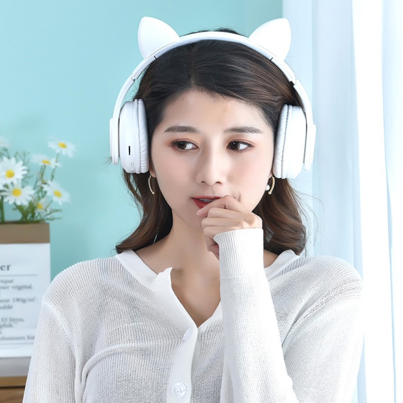 Tai Nghe Bluetooth 5.0 Không Dây Hình Tai Mèo Có Đèn Led Kèm Mic Cho Máy Tính / Điện Thoại