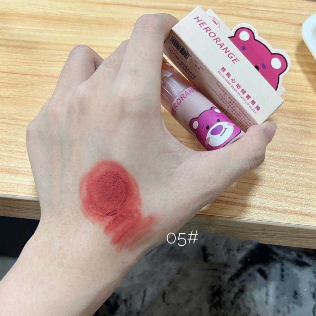 Son kem lì gấu dâu HERORANGE mềm mịn lâu trôi Beckoning Bear Velvet Lip Glaze