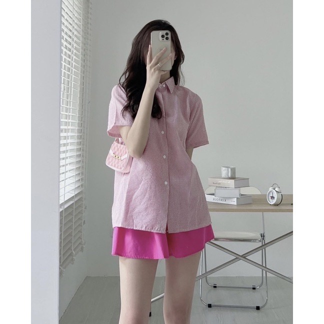 [Ảnh thật/Sẵn]Áo Sơmi kẻ chất xốp XẺ LƯNG cộc tay