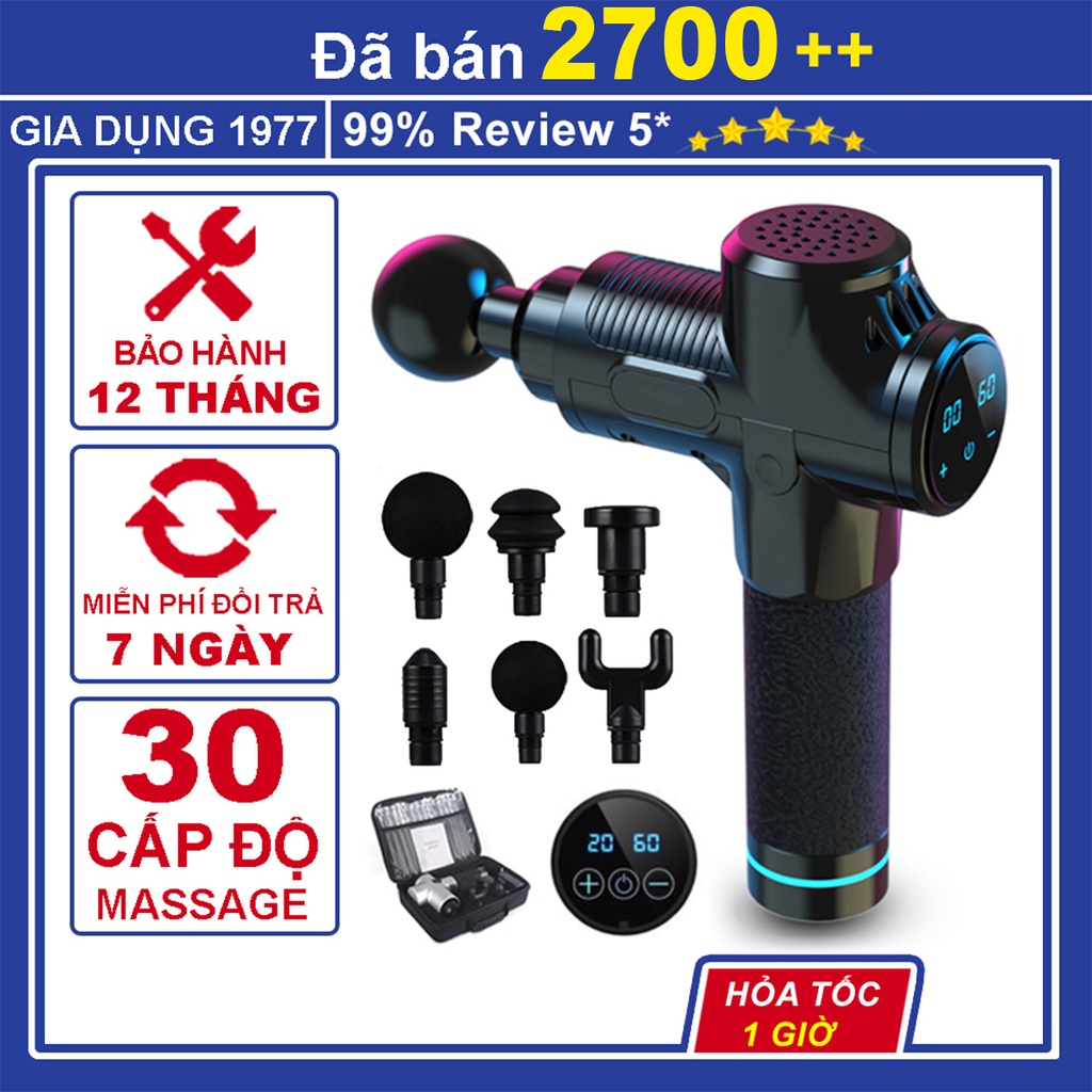 Máy massage cầm tay 6 đầu 30 cấp độ trị đau nhức toàn thân hiệu quả, súng massage kèm 6 đầu mát xa chuyên sâu