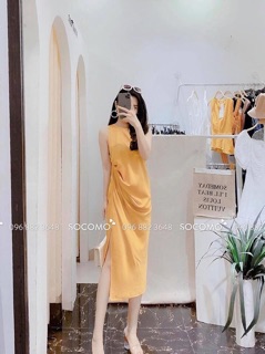 Váy lụa xẻ tà nhúm lệch vạt