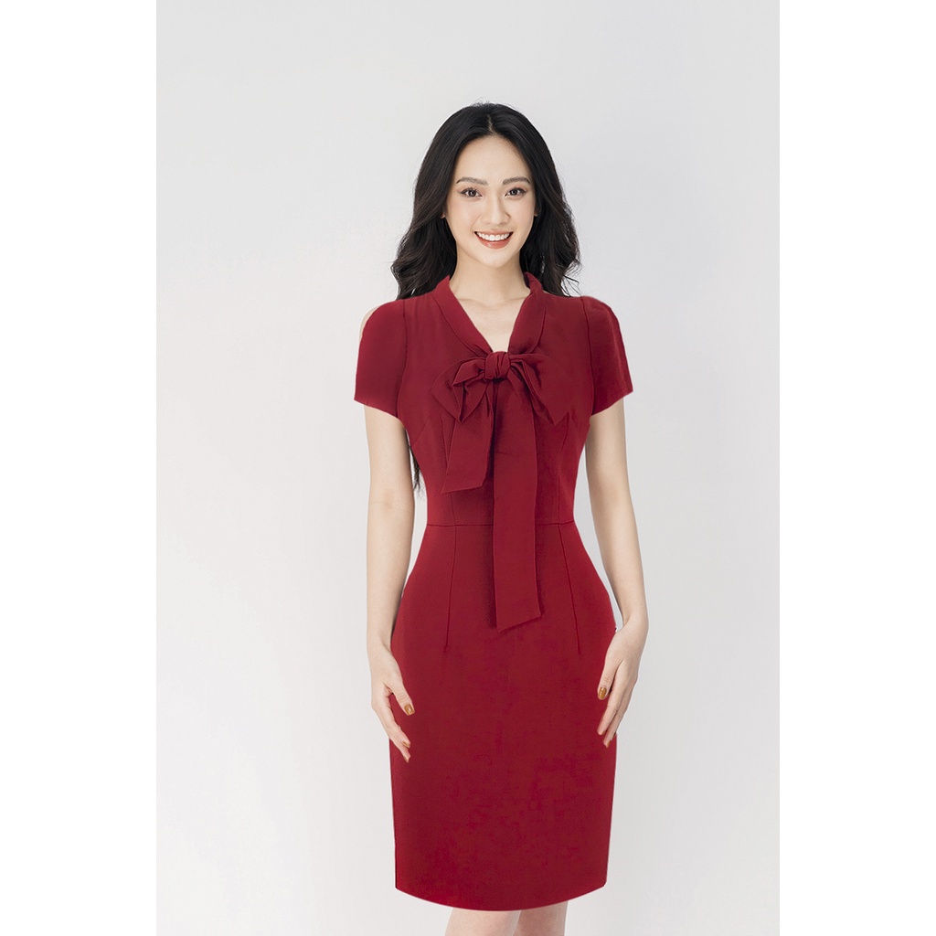 Đầm Thiết Kế Công Sở Phối Nơ Luperi LFV381 dáng ôm A nhẹ nữ tính cho nàng mặc đi làm đi chơi dạo phố dự tiệc