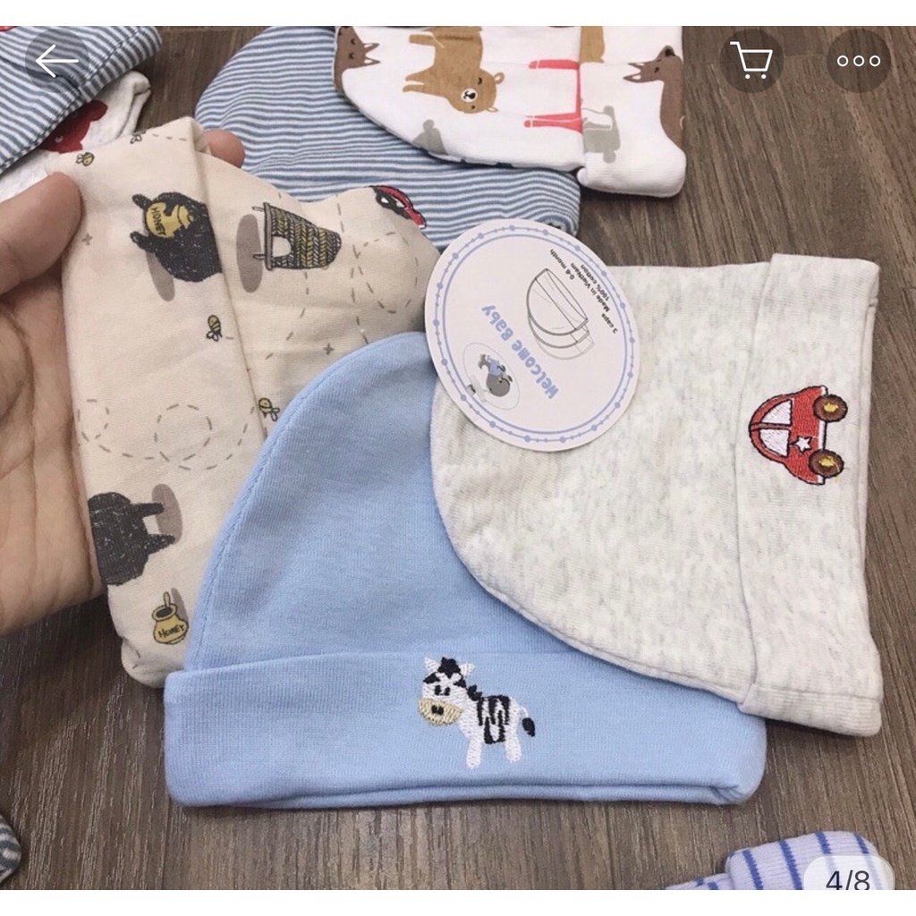 Set 3 mũ cotton dày dặn co giãn cho bé 0 - 6 tháng