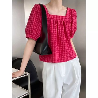 Áo sơ mi cổ vuông kẻ sọc caro thiết kế thanh lịch