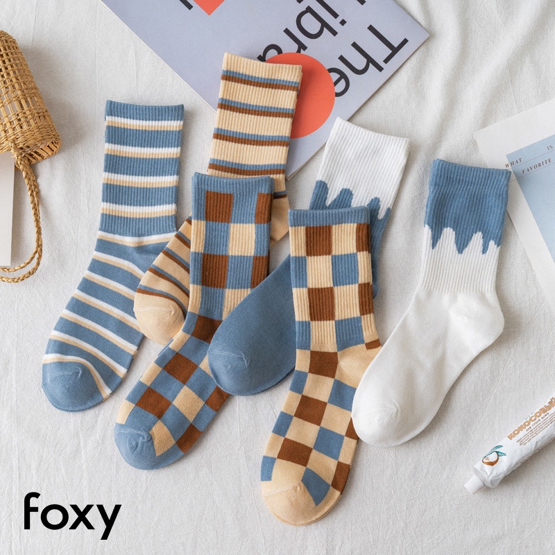 Sét 5 đôi Tất Nữ Cổ cao Hàn Quốc Cao Cấp Kẻ Sọc Caro Foxy