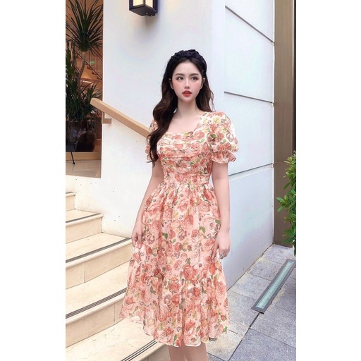 Váy xòe hoa dự tiệc cap cấp dáng dài tay bồng xinh chất liệu tơ 2 lớp dày dặn | BigBuy360 - bigbuy360.vn
