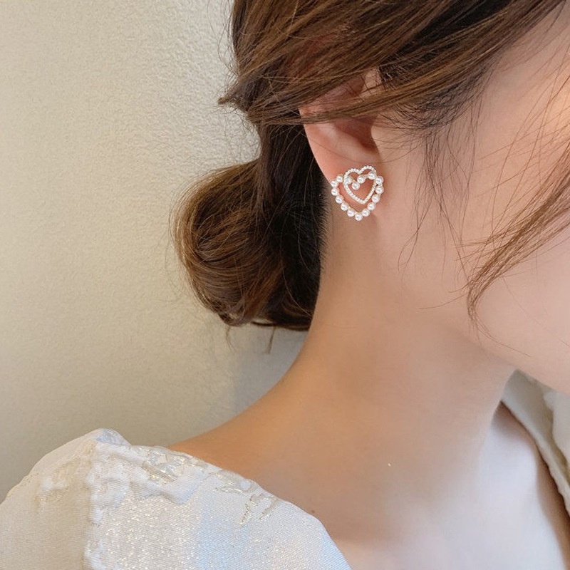 Bông tai bạc 925 đính ngọc trai hình trái tim đôi phong cách Nhật Hàn mới 2021