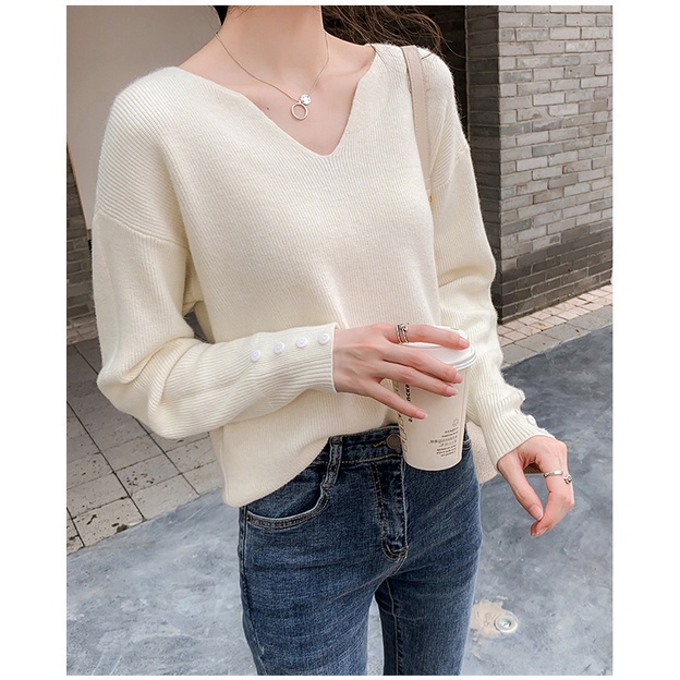 Áo len dài tay dáng rộng cổ chữ V thời trang