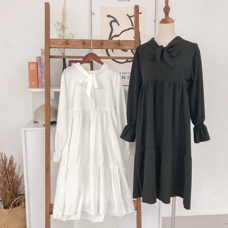 Váy babydoll thắt nơ tay phồng ulzzang, váy trắng cổ thắt nơ - từ tiệm váy nàng Thị | BigBuy360 - bigbuy360.vn