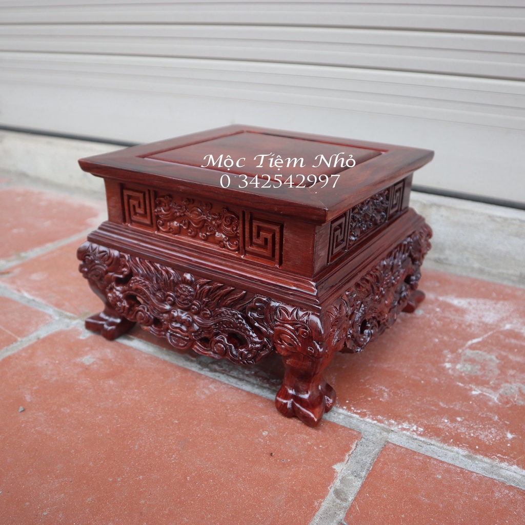 Đôn vuông chân kỷ rồng kê tượng gỗ cẩm cao 15cm
