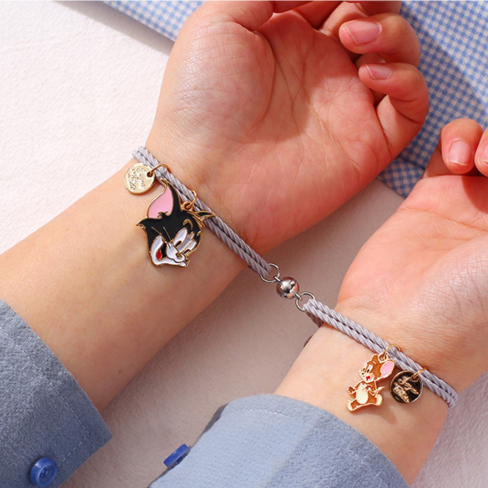 Set 2 vòng tay bện dây co giãn mặt hình hoạt hình dễ thương cho cặp đôi