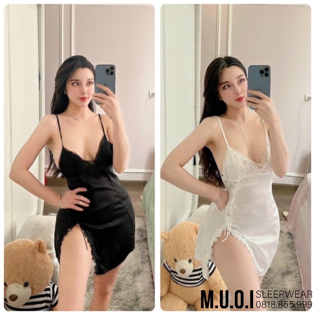 [FREESHIP]Váy ngủ QUẢNG CHÂU-SX 145-Váy ngủ lua phối ren hoa xẻ tà đan dây sexy QUẢNG CHÂU - hàng có sẵn(video+ ảnh)