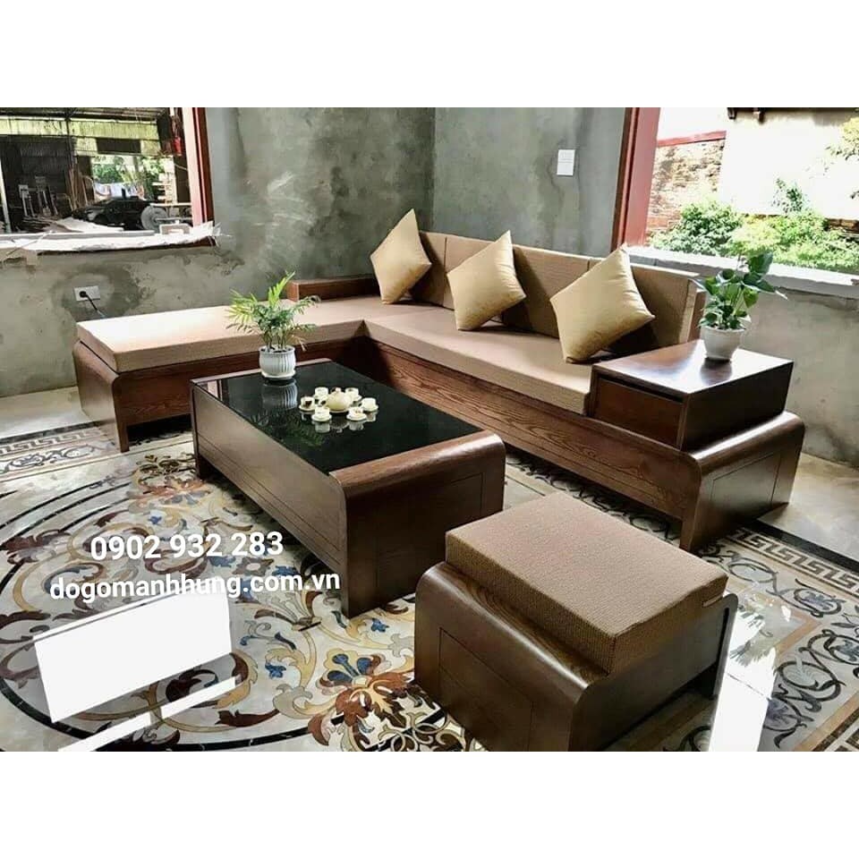 Bộ bàn ghế salon phòng khách,sofa góc gỗ sồi góc L màu óc chó MSB7