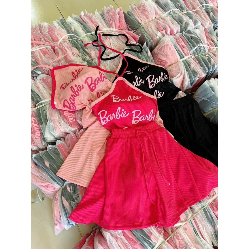 Set kiểu áo ống dây đeo cổ chữ babie mix quần đùi thun xòe hot xinh MS62