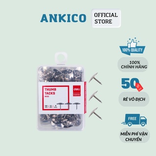 Set 100 chiếc đinh ghim bảng nỉ, gỗ bần mũ inox bạc Deli Cài tranh ảnh, giấy note, stiker, tài liệu đóng túi 0022 ANKICO