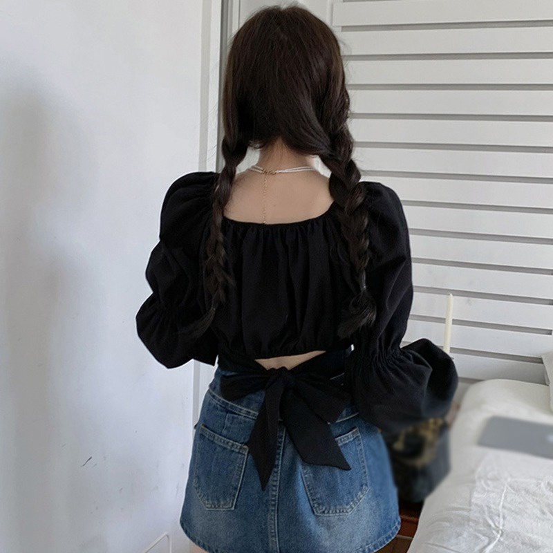 Áo Sơ Mi Nữ Cổ Vuông Dài Tay Dáng Ôm Phong Cách Hàn Quốc