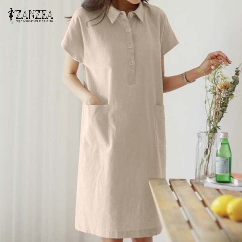 Đầm midi Zanzea ngắn tay cổ bẻ phong cách Hàn Quốc thanh lịch cho nữ