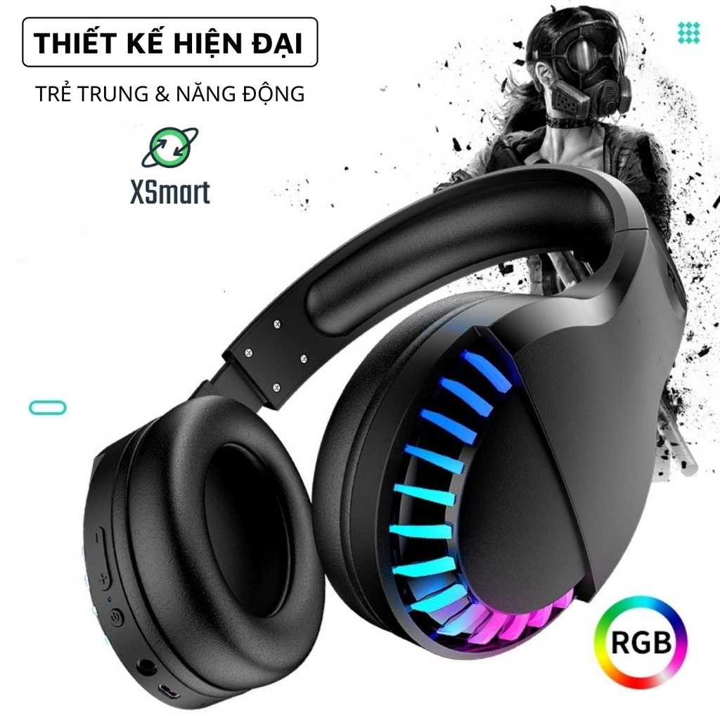 Tai nghe bluetooth headphone gaming SH33 Super Bass đèn led đổi màu RGB dùng cho điện thoại máy tính pc laptop