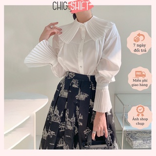 [ Hàng có sẵn ] Áo sơ mi nữ trắng freesize cổ tay áo xếp li xòe phong cách thanh lịch xu hướng 2022