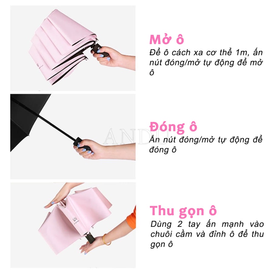 Ô Gấp Gọn Phủ Lớp Chống Tia UV  Mở Tự Động 2 Chiều - Dù UV Đi Nắng Đi Mưa Siêu Tiện