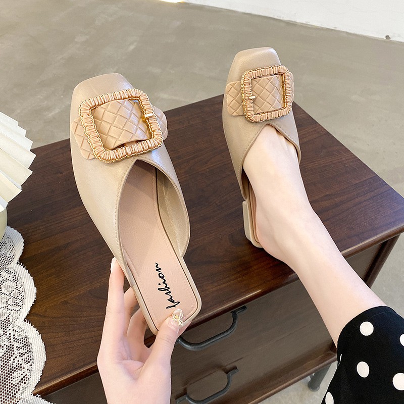 New Slippers Women's Outdoor Fashion Square Buckle Toe Cap Semi Slipper Summer Internet-Famous Slippers Casual Slip-on M