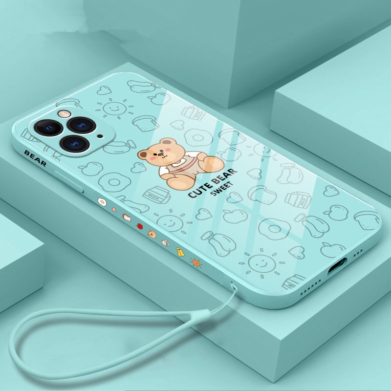 Ốp Điện Thoại Mặt Kính In Hình Gấu Hoạt Hình Cho iPhone 13 12 11 Pro Max Promax XS Max XR X 7 Plus 8 8Plus