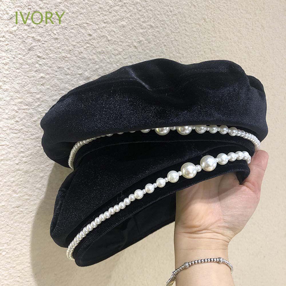 Mũ nồi vải nhung đính ngọc trai giả phong cách retro hàn quốc cho nữ